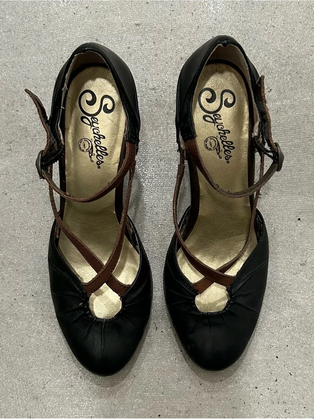 Seychelles Black High Heels with Brown Crisscross Straps
